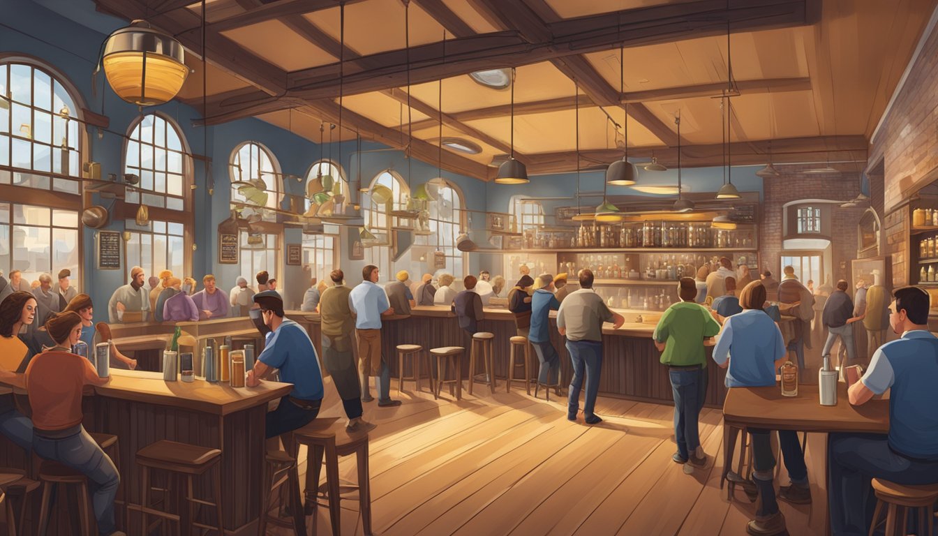 A bustling brewery scene with patrons enjoying craft beer, a variety of taps, and a welcoming atmosphere