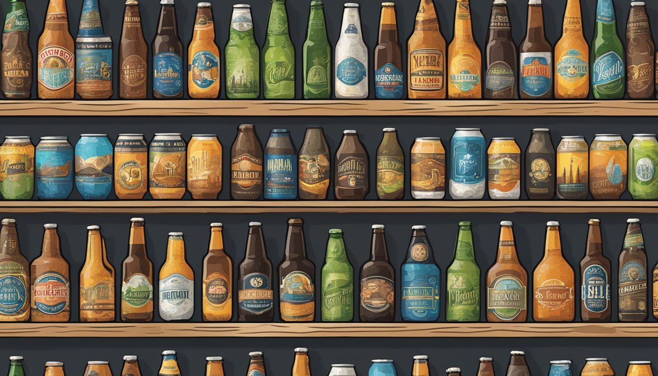 A row of colorful craft beer bottles and cans displayed on shelves with a variety of labels and designs in a local Springfield, MA brewery