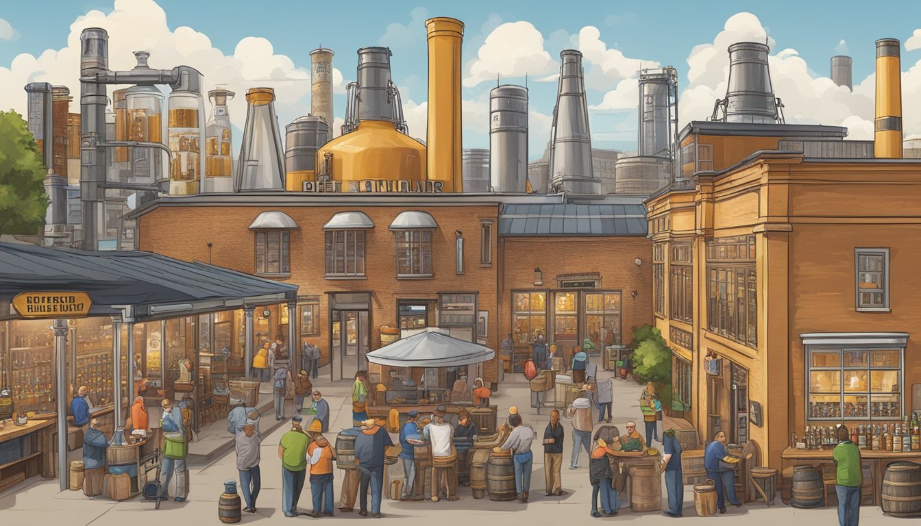 A bustling brewery scene with various unique beer styles on display, surrounded by local Baltimore landmarks and a lively atmosphere