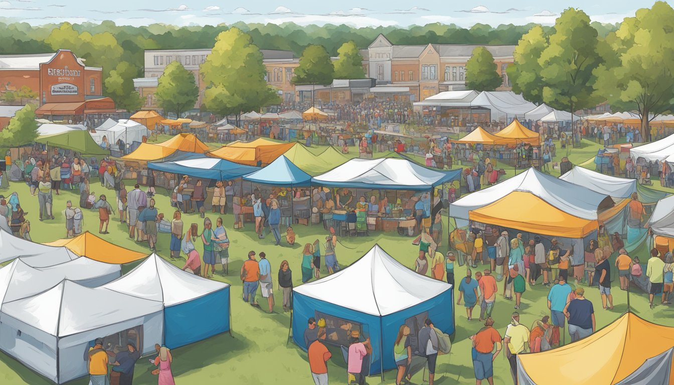 A bustling craft beer festival in Lee's Summit, Missouri, with rows of colorful tents, live music, and people enjoying samples of local brews