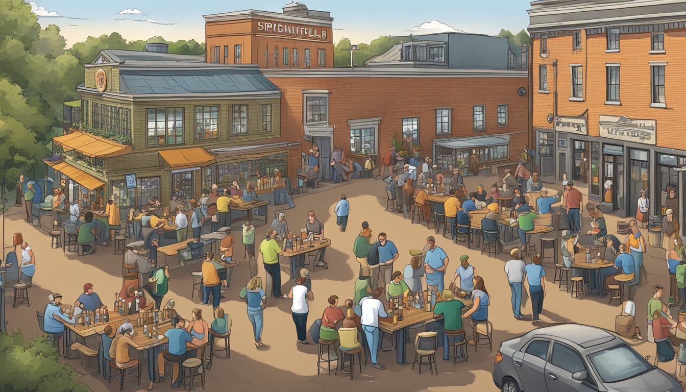 A bustling brewery scene with patrons enjoying craft beer tastings and live music in Springfield, MA