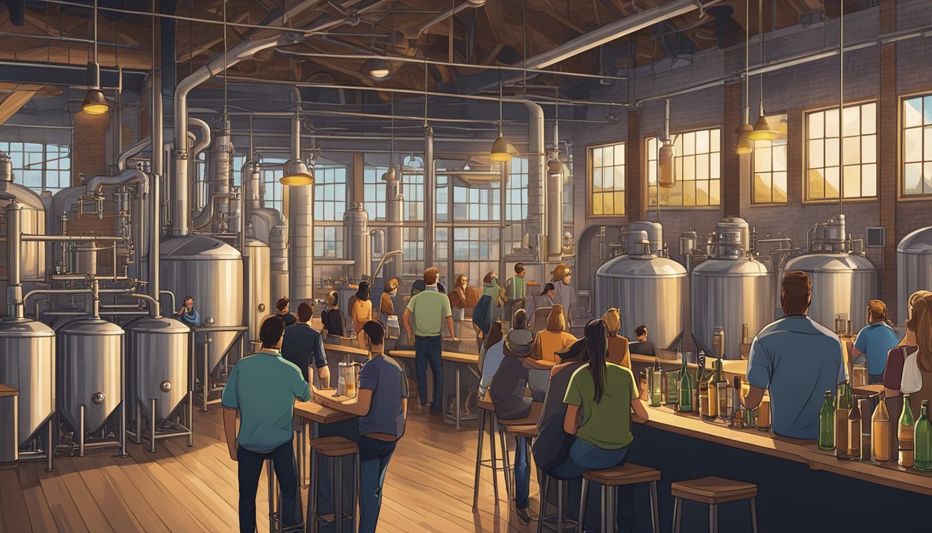 A bustling brewery scene with patrons enjoying craft beer flights and socializing in a modern, industrial-style taproom. Beer taps line the bar, and large fermenting tanks are visible in the background