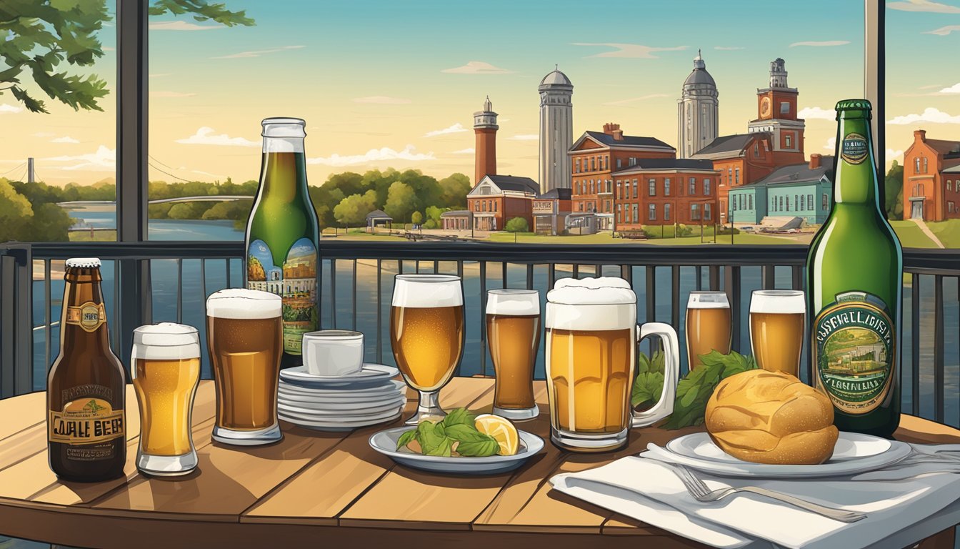 A table set with local craft beer bottles and glasses, surrounded by Springfield, MA landmarks and scenery