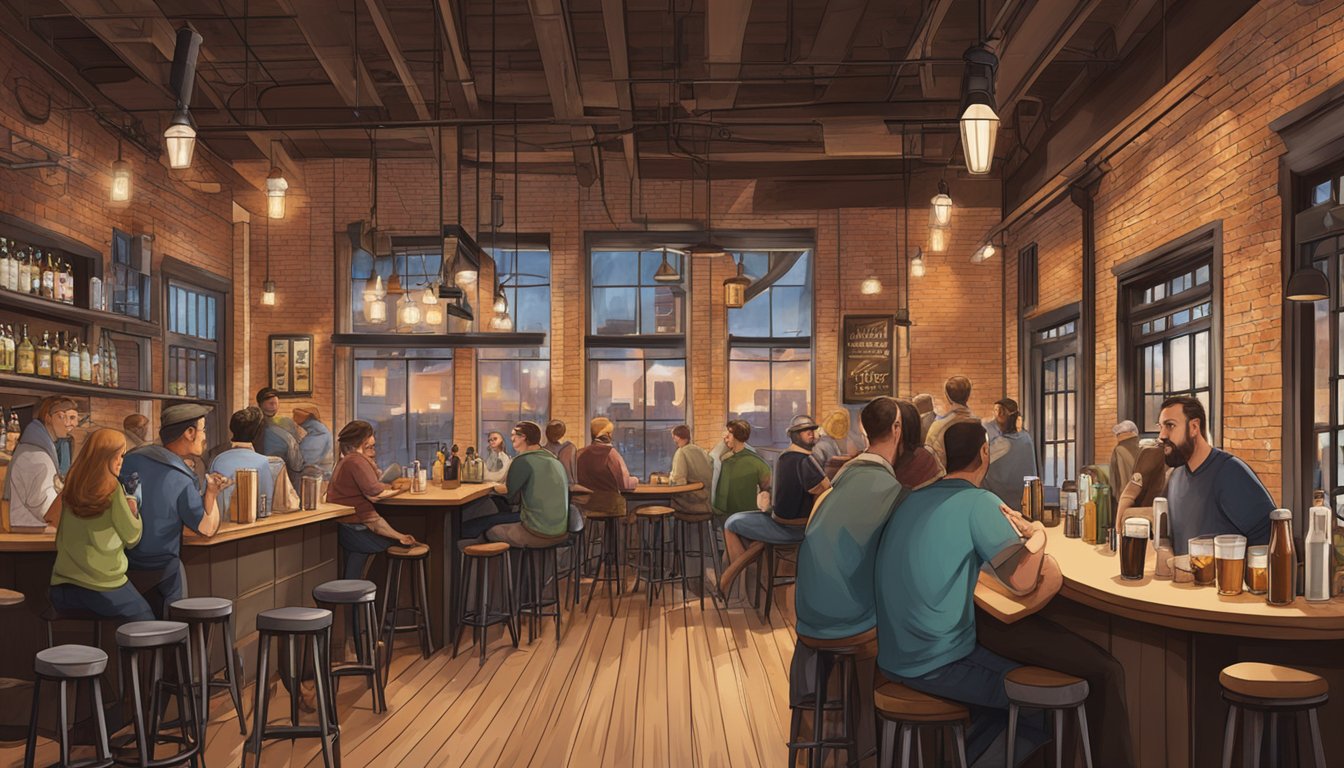 A bustling brewpub in Baltimore, MD, with patrons enjoying locally brewed craft beer and gourmet pub fare in a cozy, industrial-chic setting