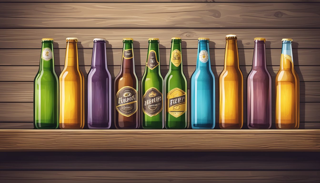 A row of colorful craft beer bottles and cans displayed on a wooden shelf with rustic background