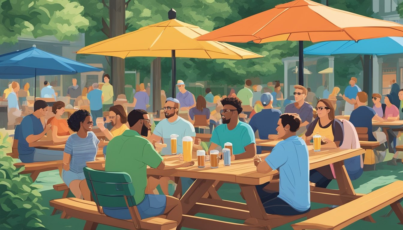 A group of people sit at picnic tables under a colorful umbrella, surrounded by greenery, enjoying craft beer at an outdoor brewery in Springfield, MA