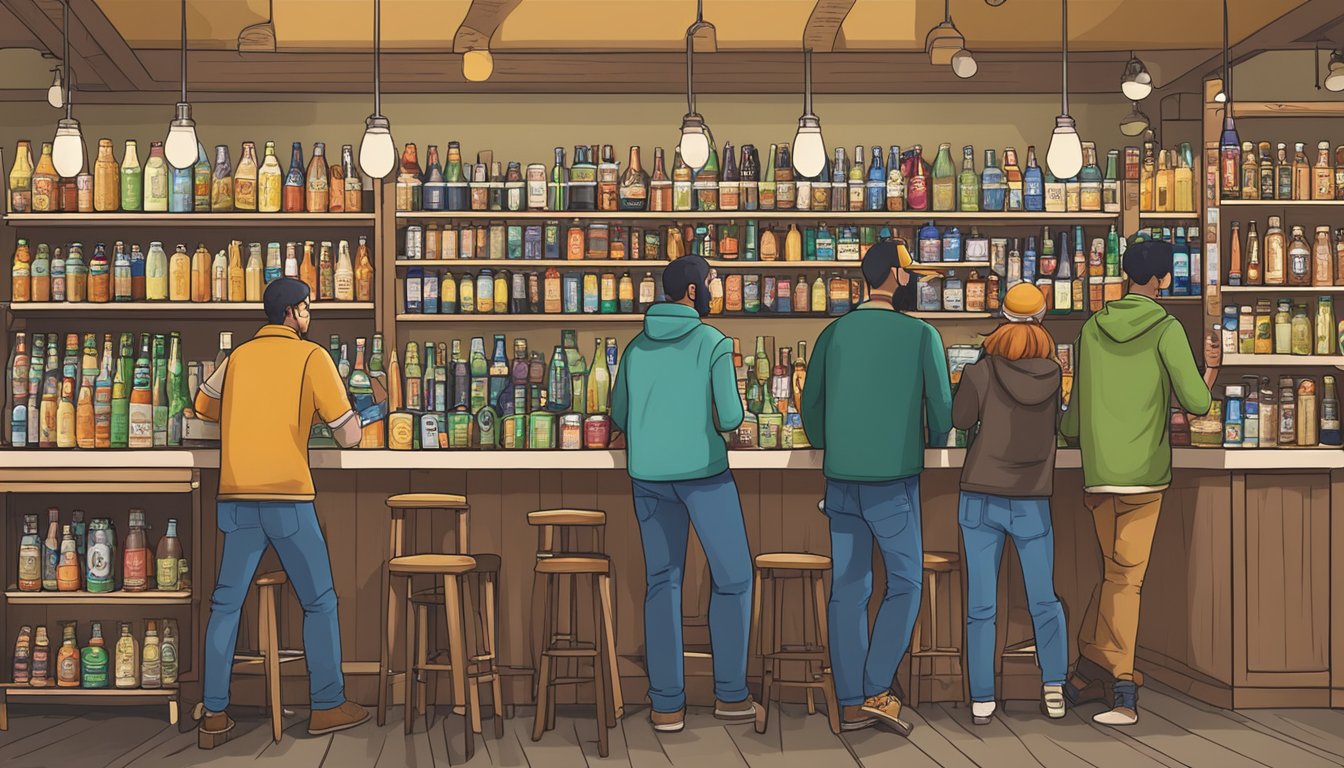 A bustling craft beer shop in Springfield, MA. Shelves lined with colorful bottles and cans. Customers browsing and chatting with the knowledgeable staff