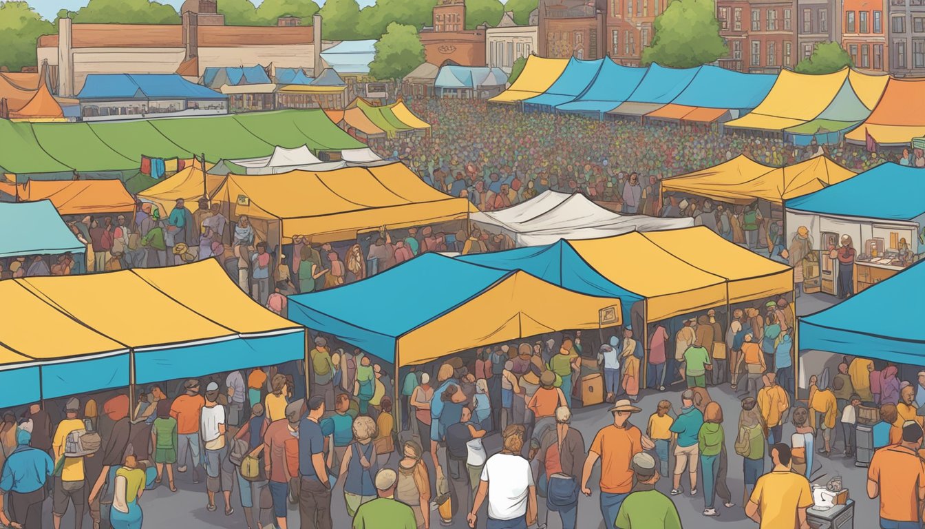 A bustling craft beer festival in Baltimore, Maryland, with rows of colorful tents, beer tastings, live music, and happy attendees