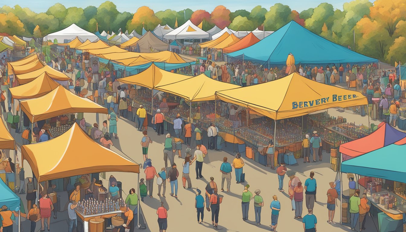 A bustling craft beer festival in Springfield, MA, with rows of colorful brewery tents and people sampling various beers