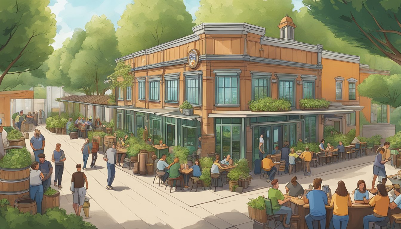 A bustling local brewery surrounded by green spaces, with people enjoying craft beer outdoors