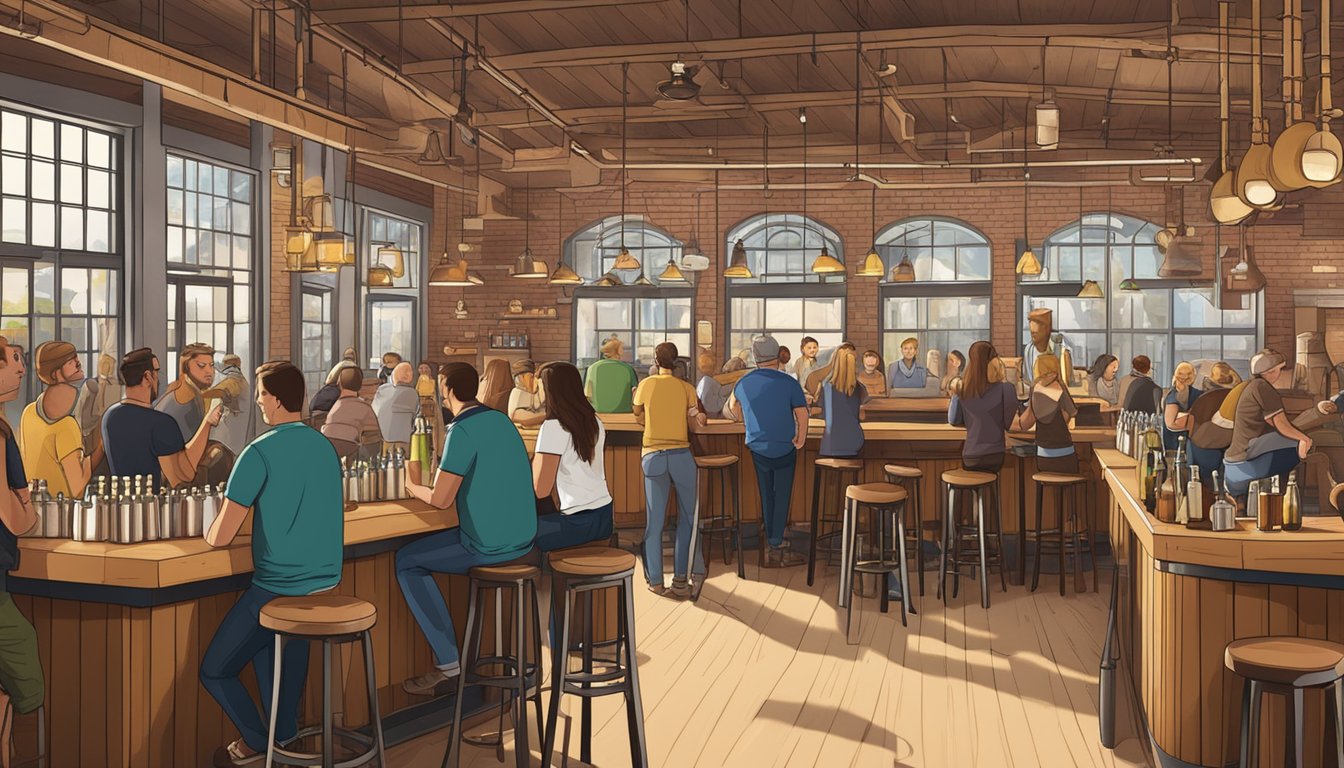 A bustling brewery scene with various beer taps, wooden barstools, and patrons enjoying local craft beer in Lees Summit, MO