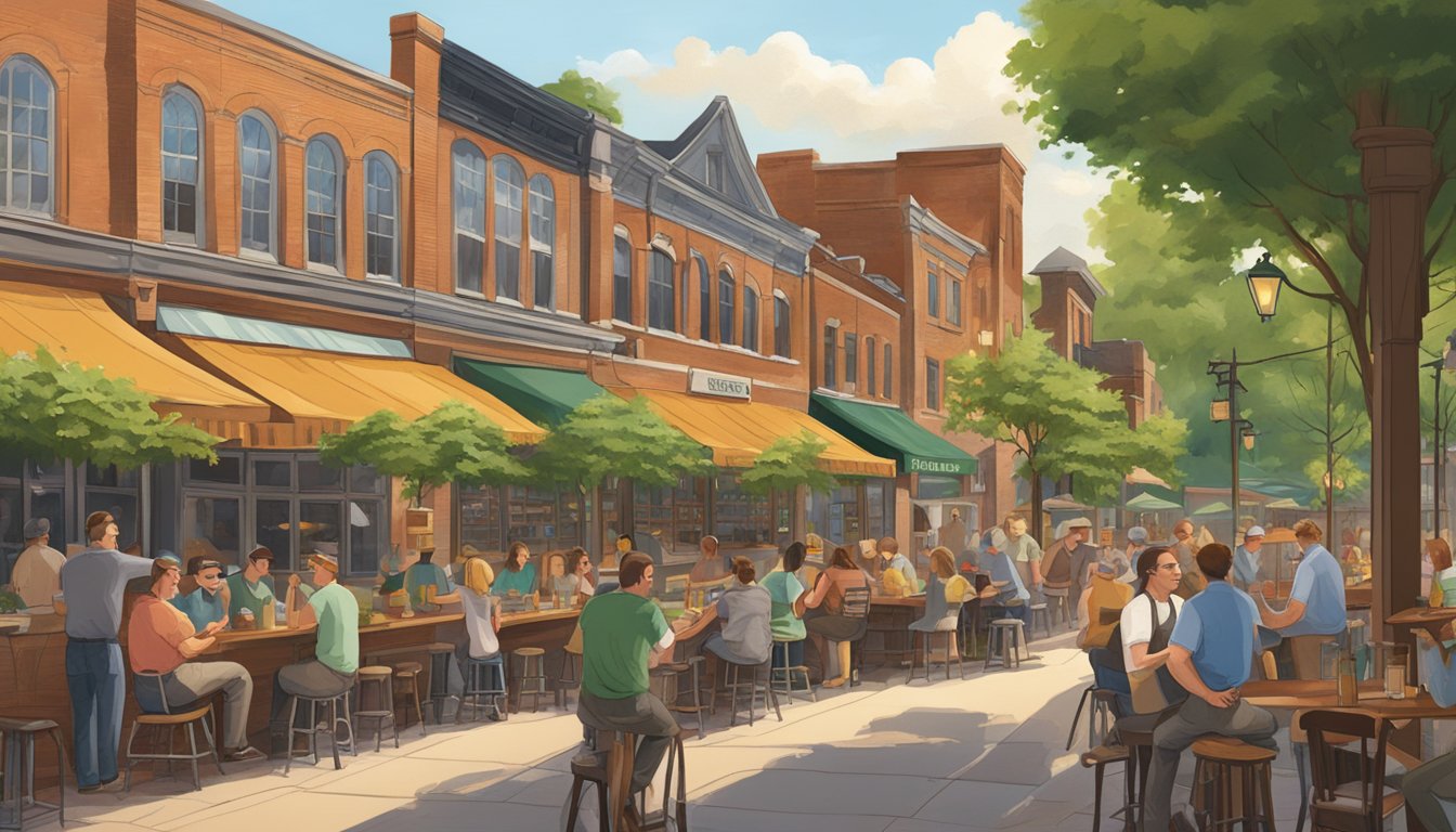 A bustling brewery scene in Ann Arbor, Michigan, with historic buildings and outdoor seating, surrounded by lush greenery and a lively atmosphere