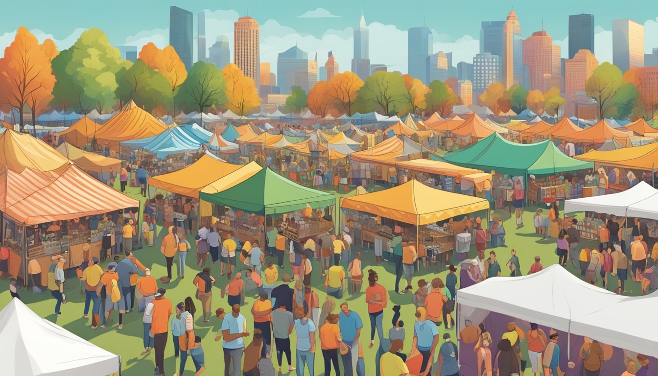 A bustling craft beer festival in Detroit, MI, with rows of colorful tents, people sampling different brews, and a lively atmosphere