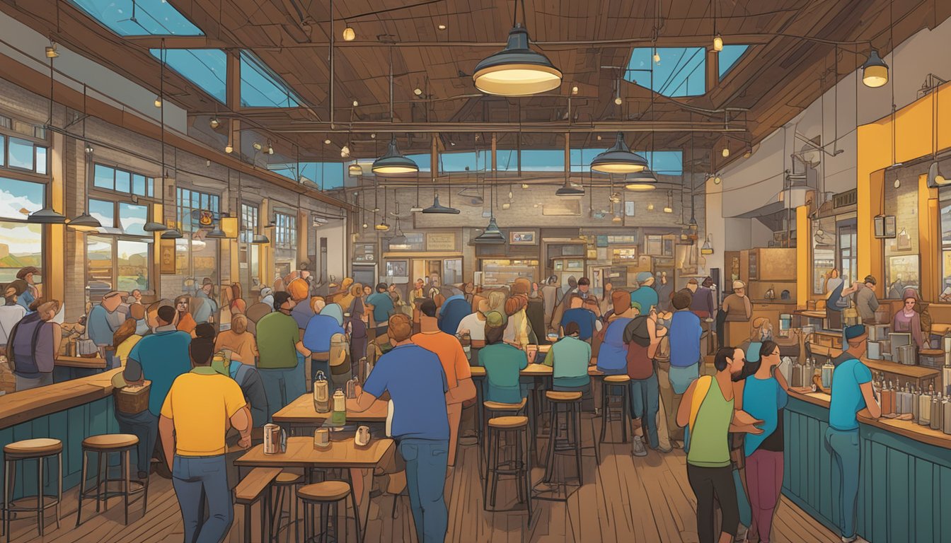 A bustling brewery scene in Ypsilanti, with patrons enjoying locally brewed craft beer in a vibrant and inviting atmosphere