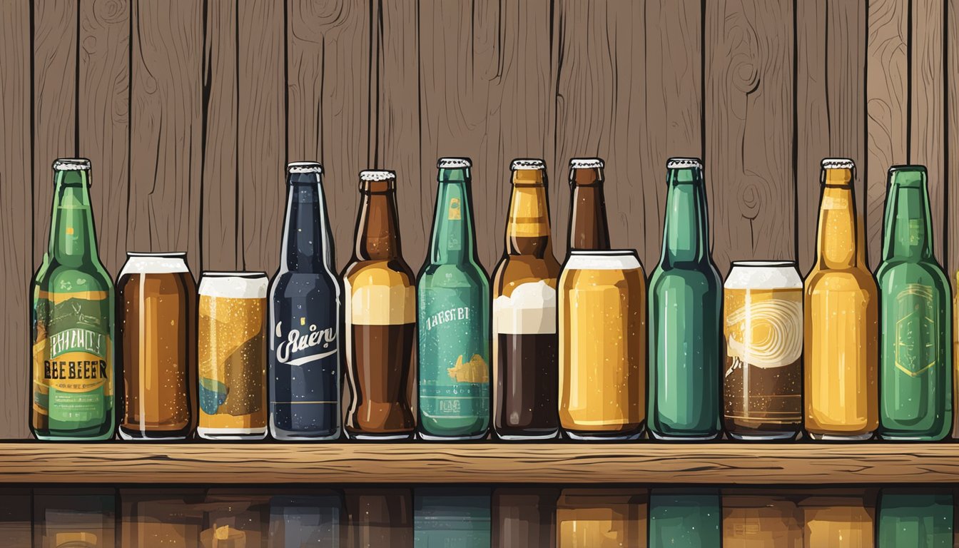 A row of colorful craft beer cans and bottles lined up on a rustic wooden bar, with various beer glasses and tasting notes scattered around