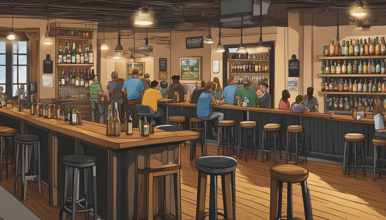 A bustling taproom with a diverse selection of craft beer styles on display, including IPA, stout, and lager. Tables and barstools fill the space as patrons enjoy their drinks