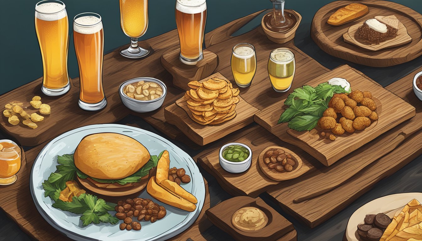 A table with a variety of local craft beers and paired food items displayed on wooden serving platters