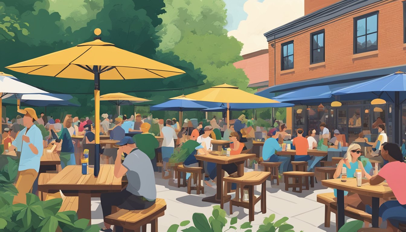 A bustling beer garden in Ann Arbor, MI with wooden tables, colorful umbrellas, and lush greenery, surrounded by local craft breweries