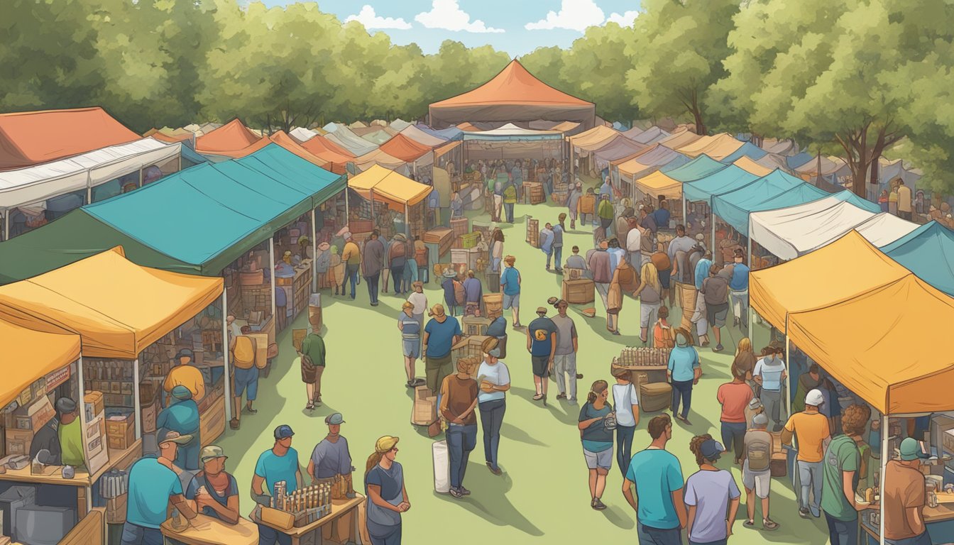 A bustling craft beer festival in Jackson, Mississippi, with rows of colorful stalls and lively conversations among brewers and beer enthusiasts