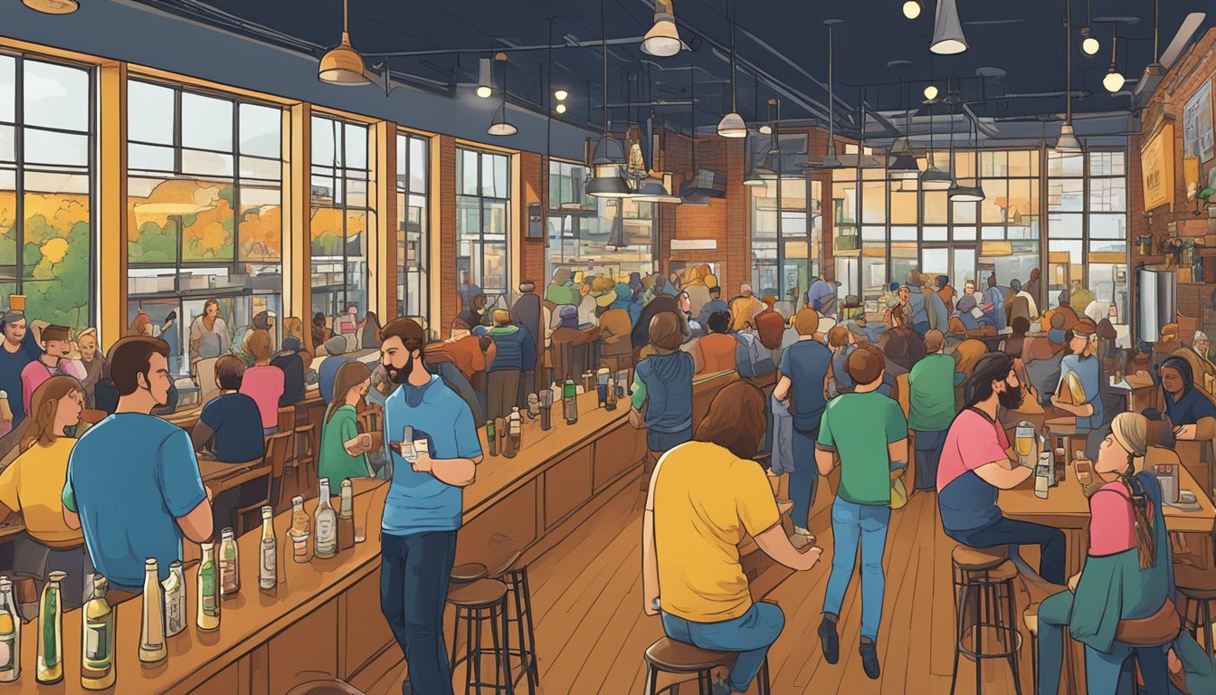 A bustling craft brewery scene in Ann Arbor, with patrons enjoying diverse beer selections in a vibrant, hip atmosphere