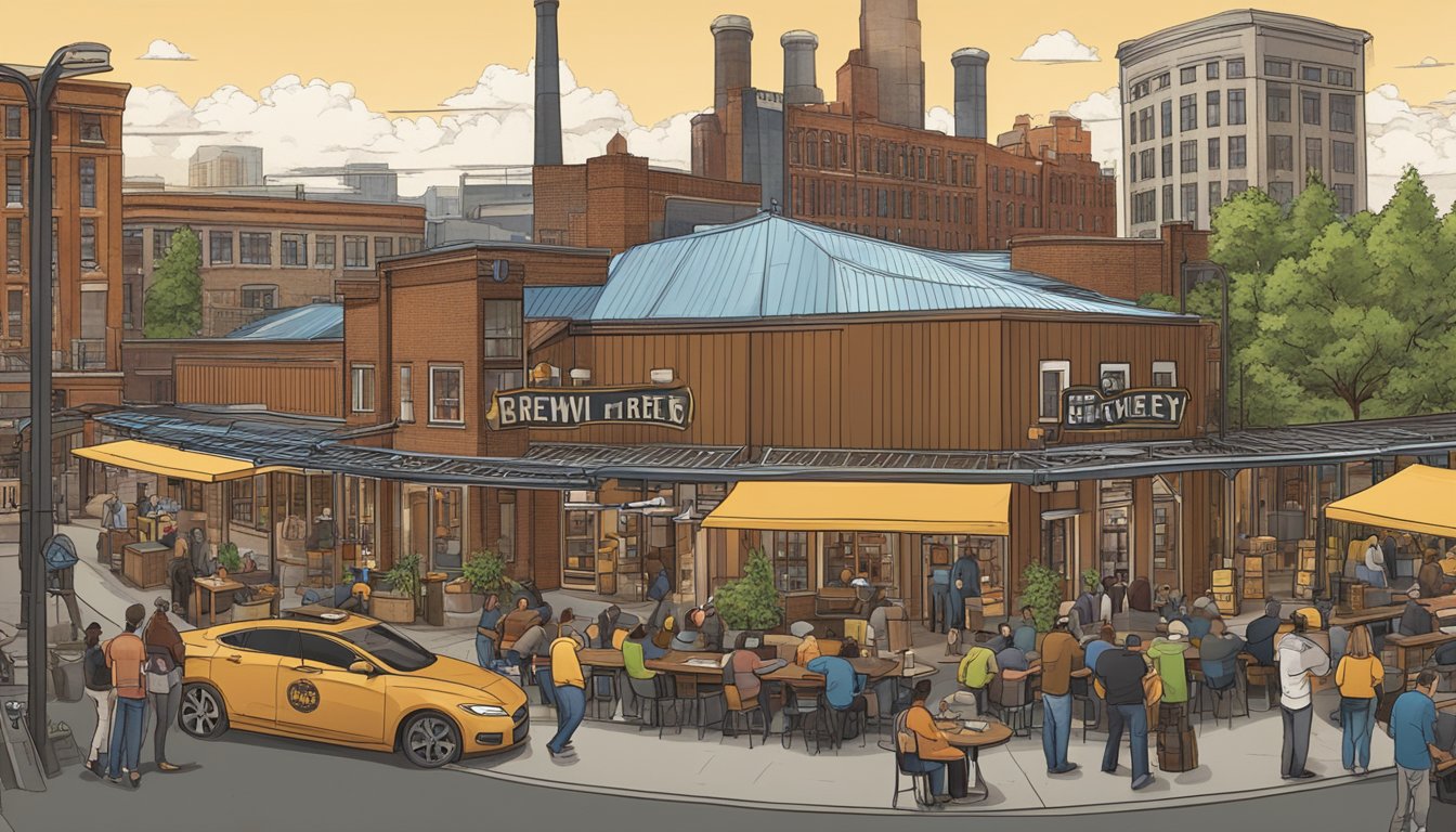 A bustling brewery with outdoor seating, surrounded by a diverse urban community in Detroit, MI