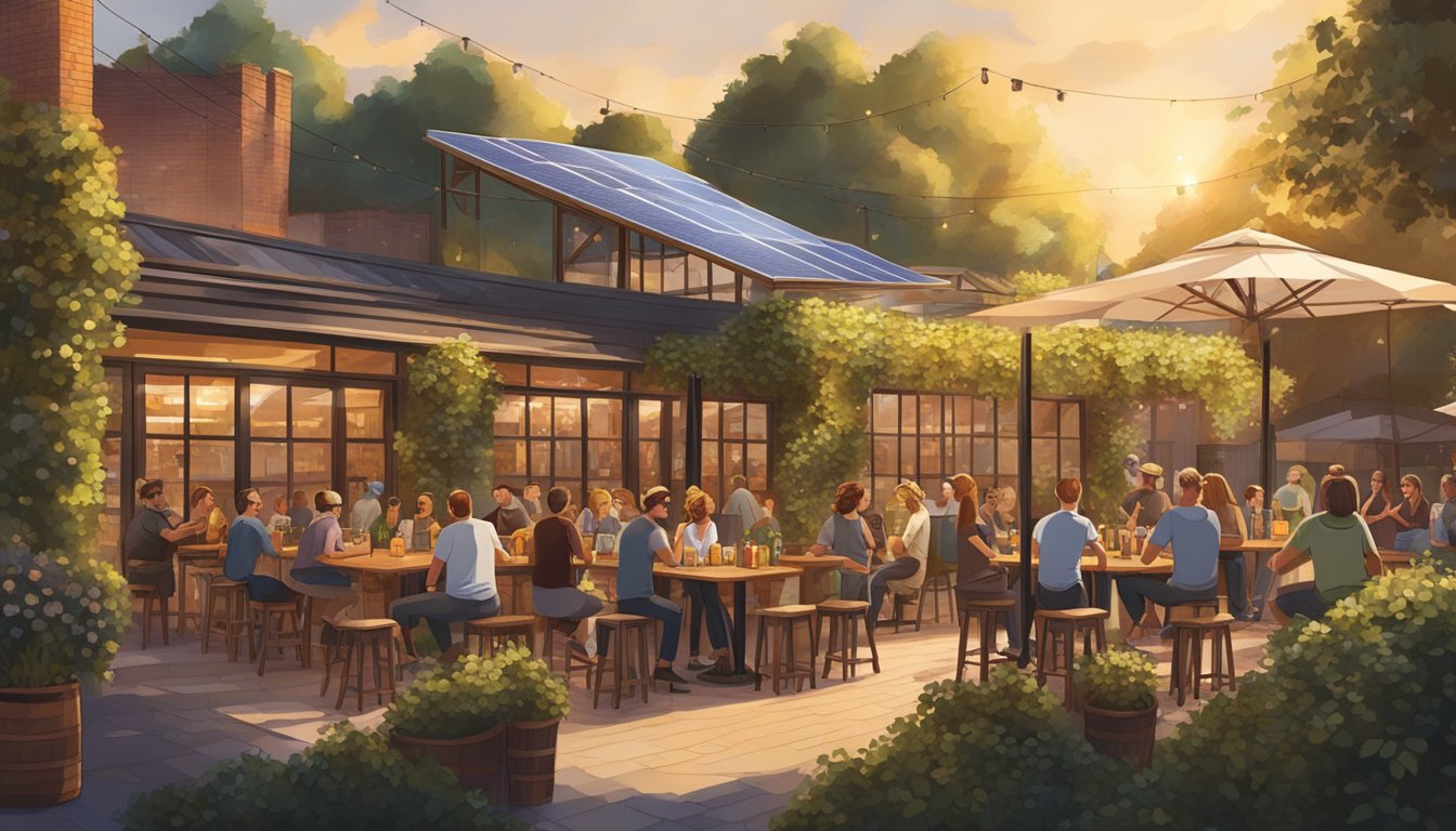 A bustling brewery patio surrounded by lush gardens and solar panels, with locals enjoying craft beer and live music in the warm evening sun