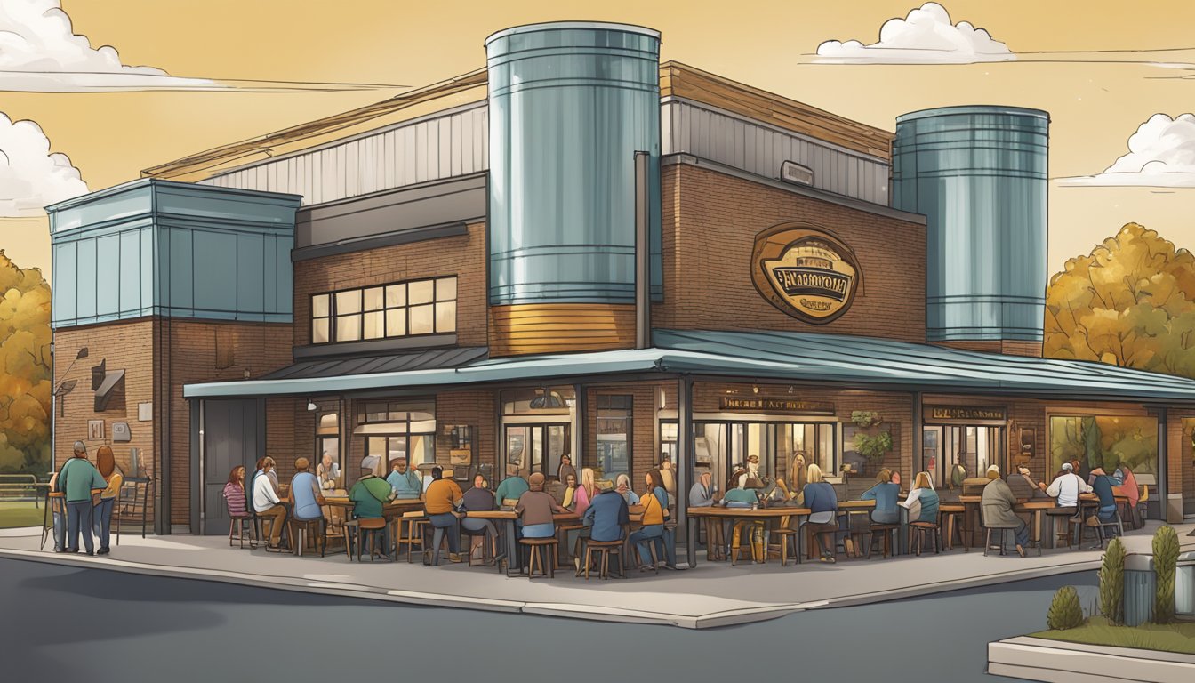 A bustling craft brewery scene in Sterling Heights, MI, with diverse beer styles, taprooms, and outdoor seating