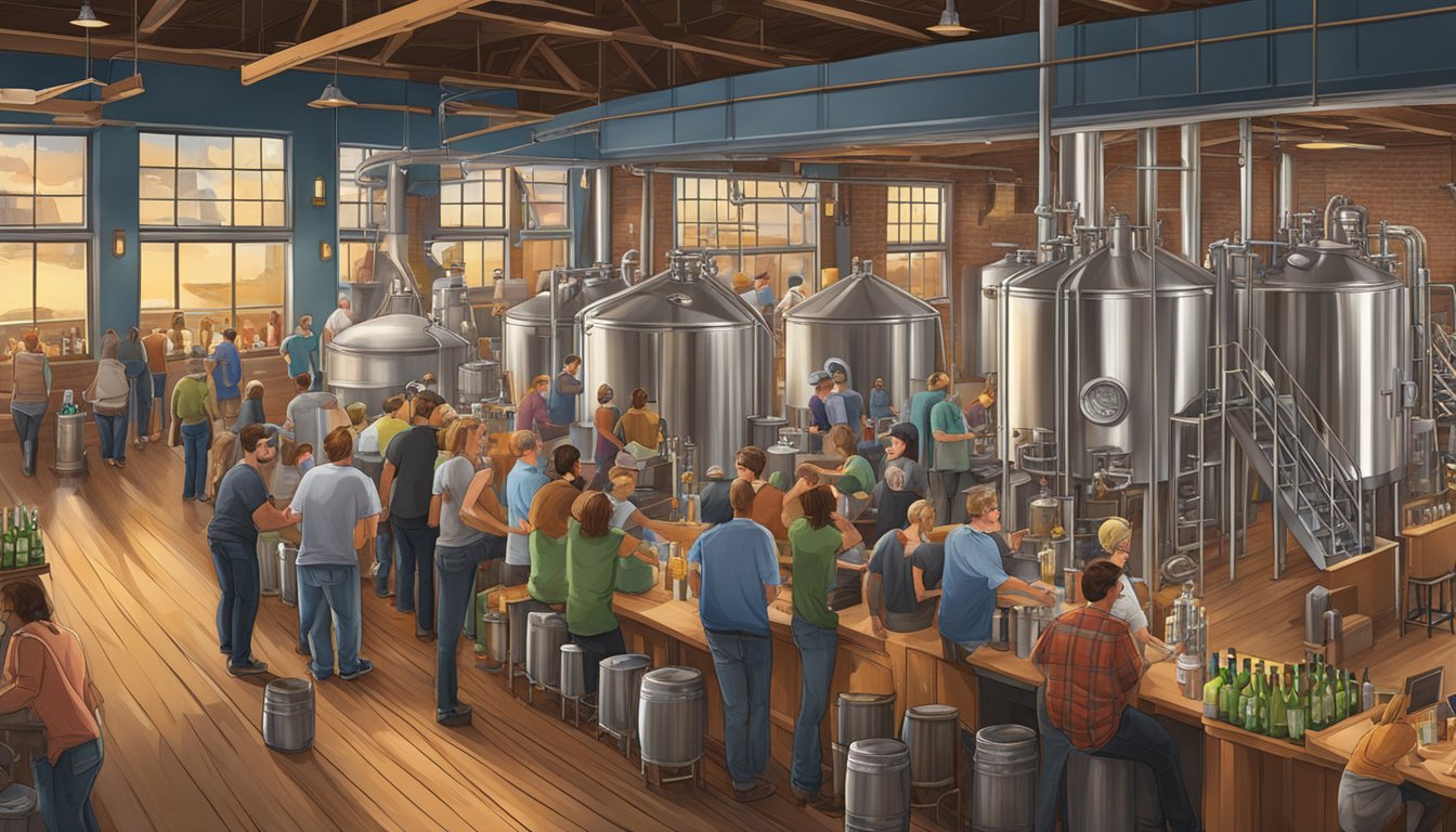 A bustling brewery scene in Charlotte, NC, with various craft beer styles and brewing equipment on display. Patrons enjoy tastings and socialize in the vibrant atmosphere