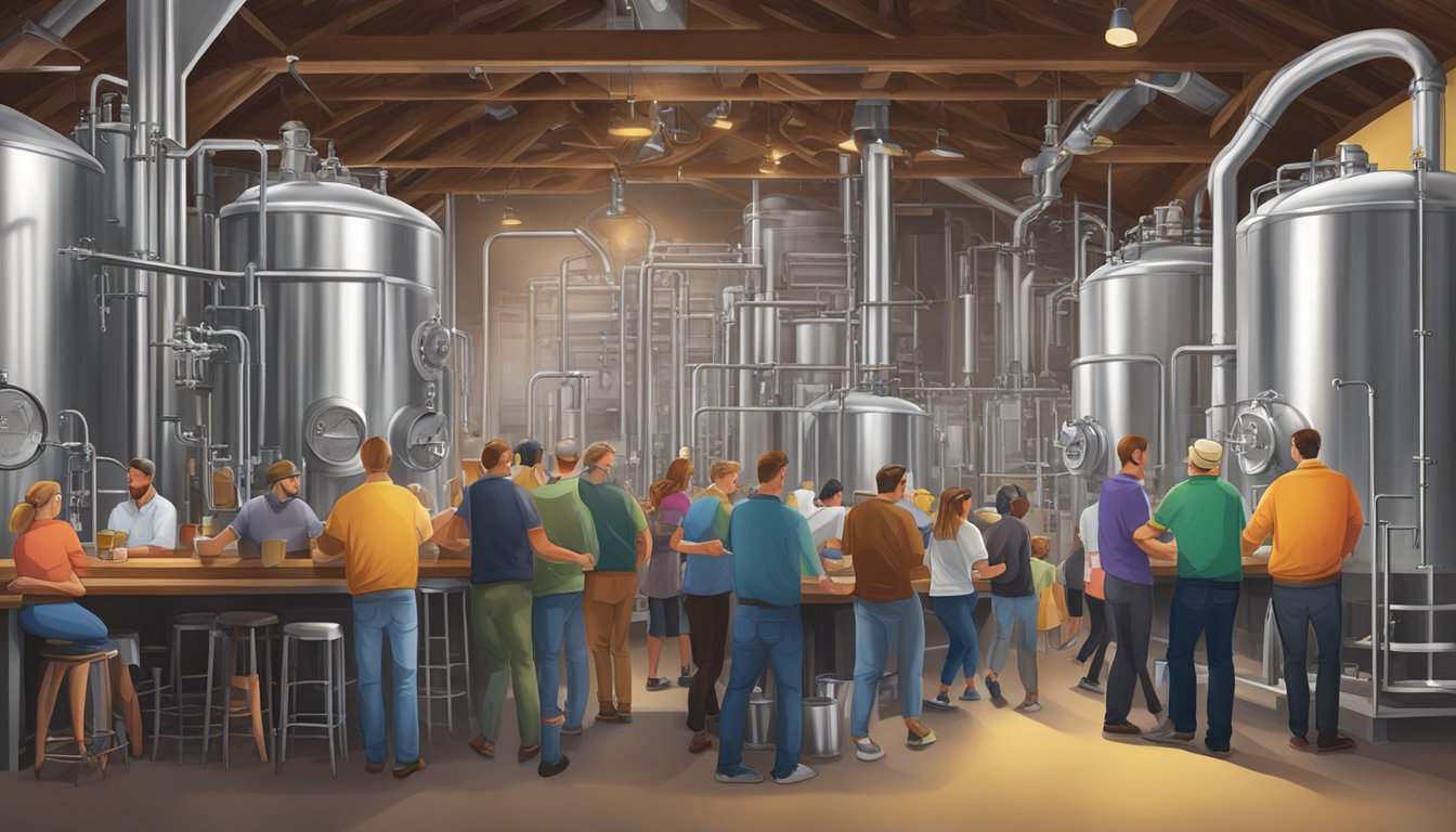 A bustling brewery scene with beer vats, taps, and patrons enjoying craft brews in Sterling Heights, MI