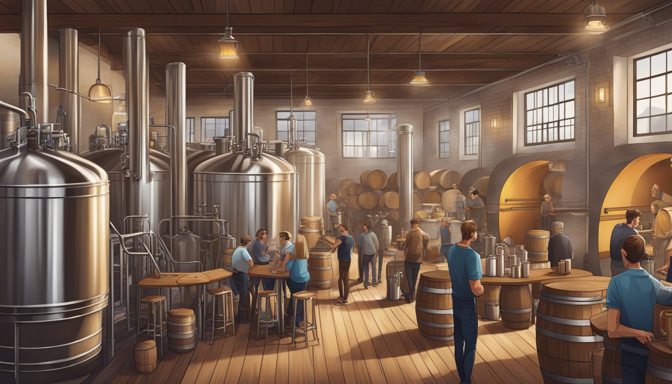 A bustling brewery with patrons enjoying craft beer, surrounded by stainless steel brewing equipment and wooden barrels