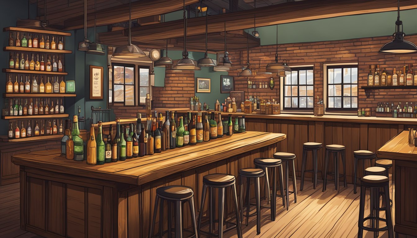 A cozy gastropub with rustic wooden tables, exposed brick walls, and shelves lined with craft beer bottles. Patrons chat and enjoy pints at the bar