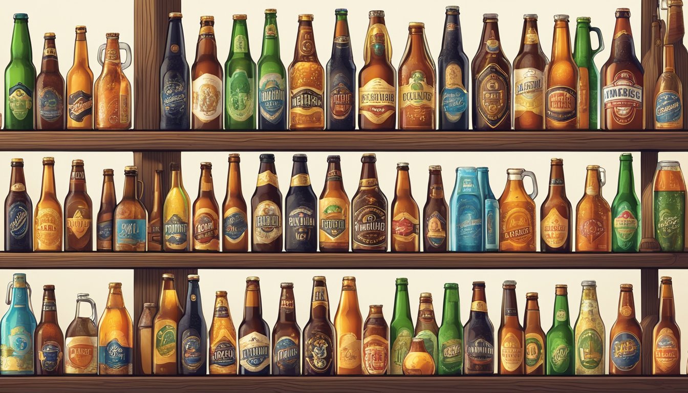 A row of colorful craft beer bottles on shelves with a variety of labels and logos. Bright lighting highlights the assortment of beverages