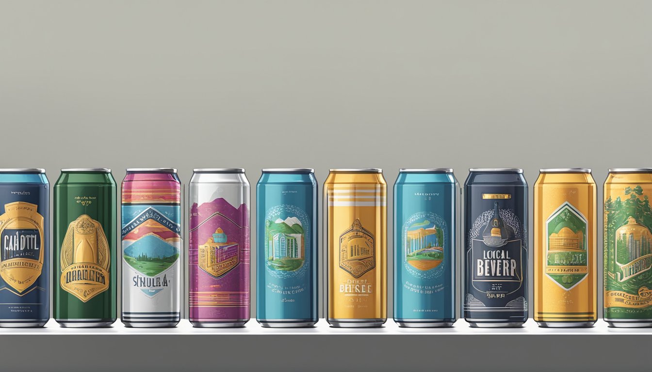 A row of colorful craft beer cans and bottles on display, each representing a different local brewery in Charlotte, NC