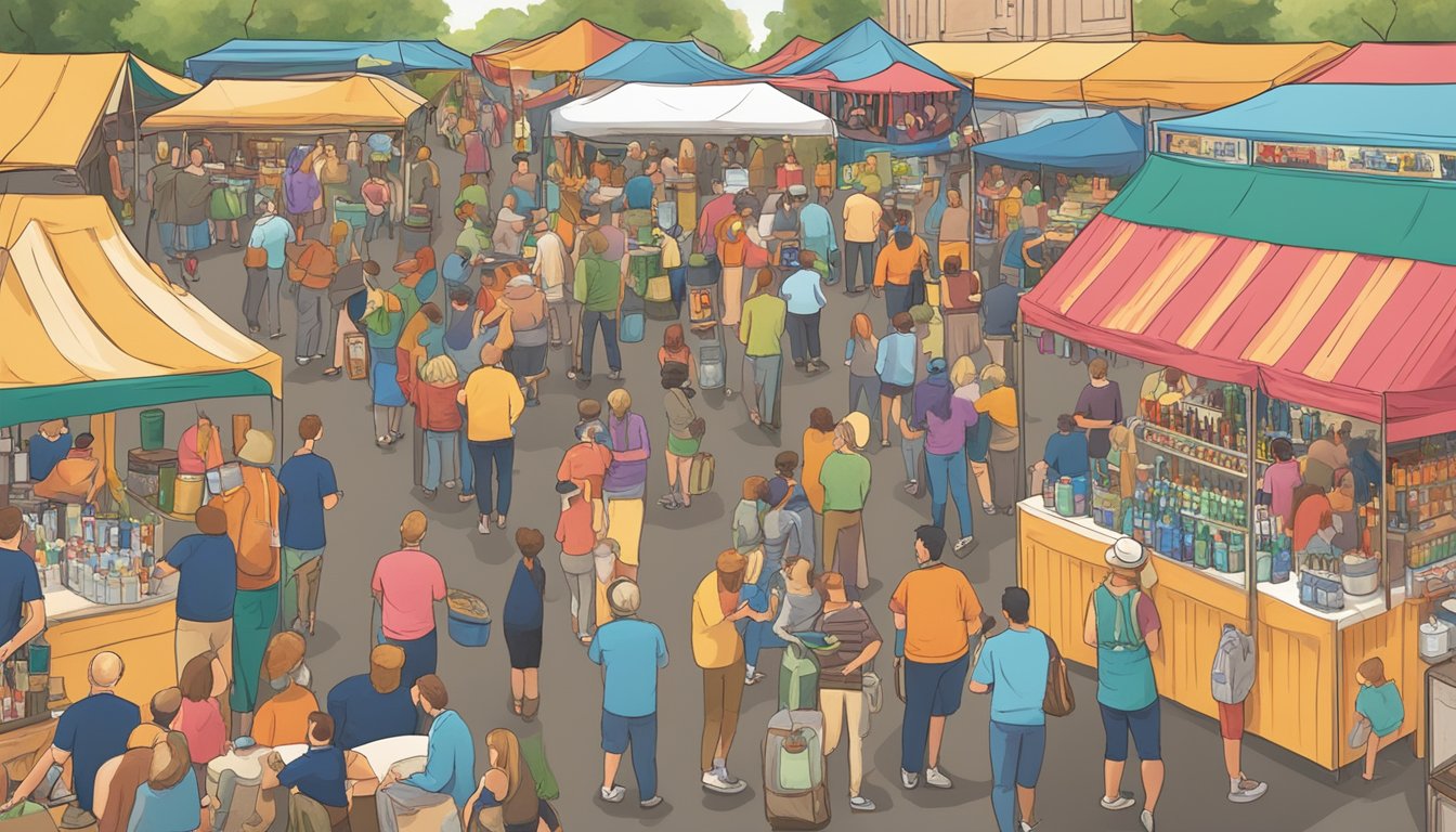 A bustling local craft beverage festival in Grand Rapids, MI, with a variety of unique drinks on display and people enjoying the lively atmosphere