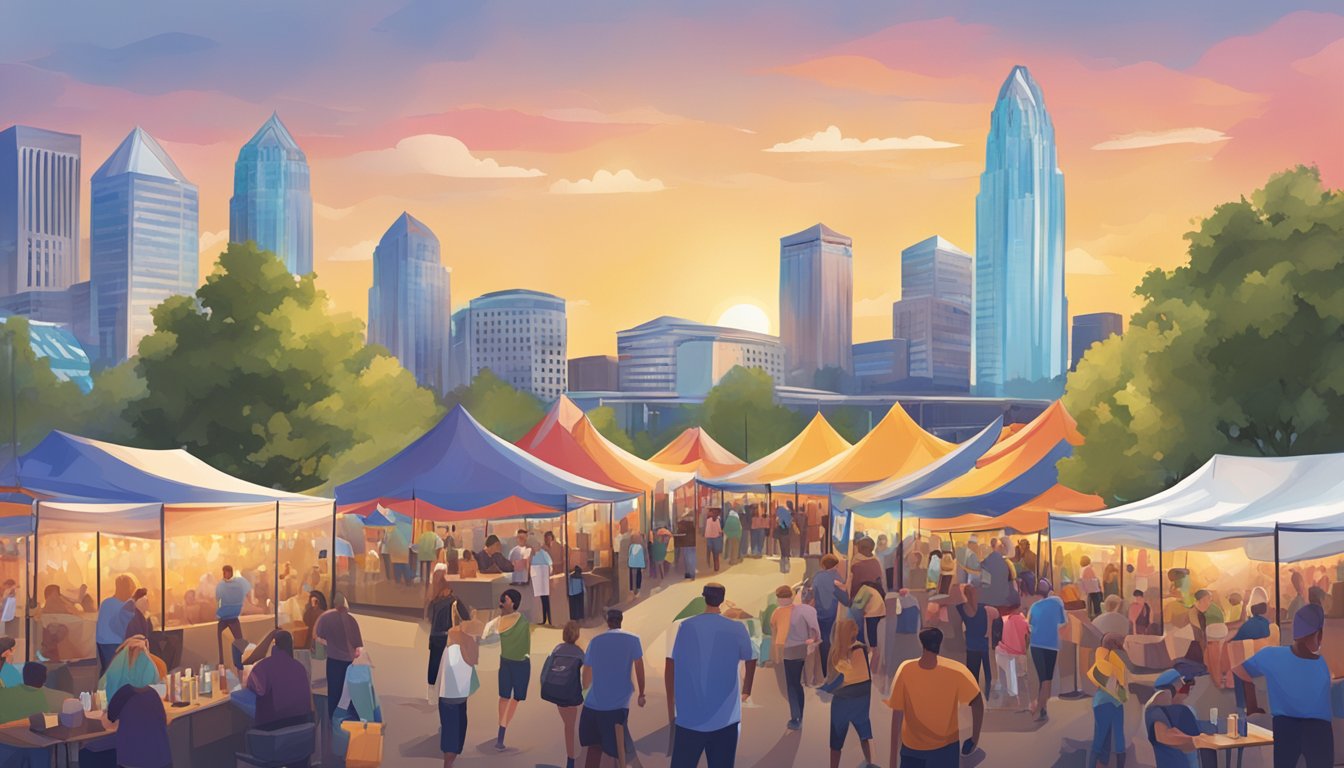 A bustling craft beer festival with colorful banners and tents, people sampling and socializing, surrounded by a backdrop of Charlotte's urban skyline