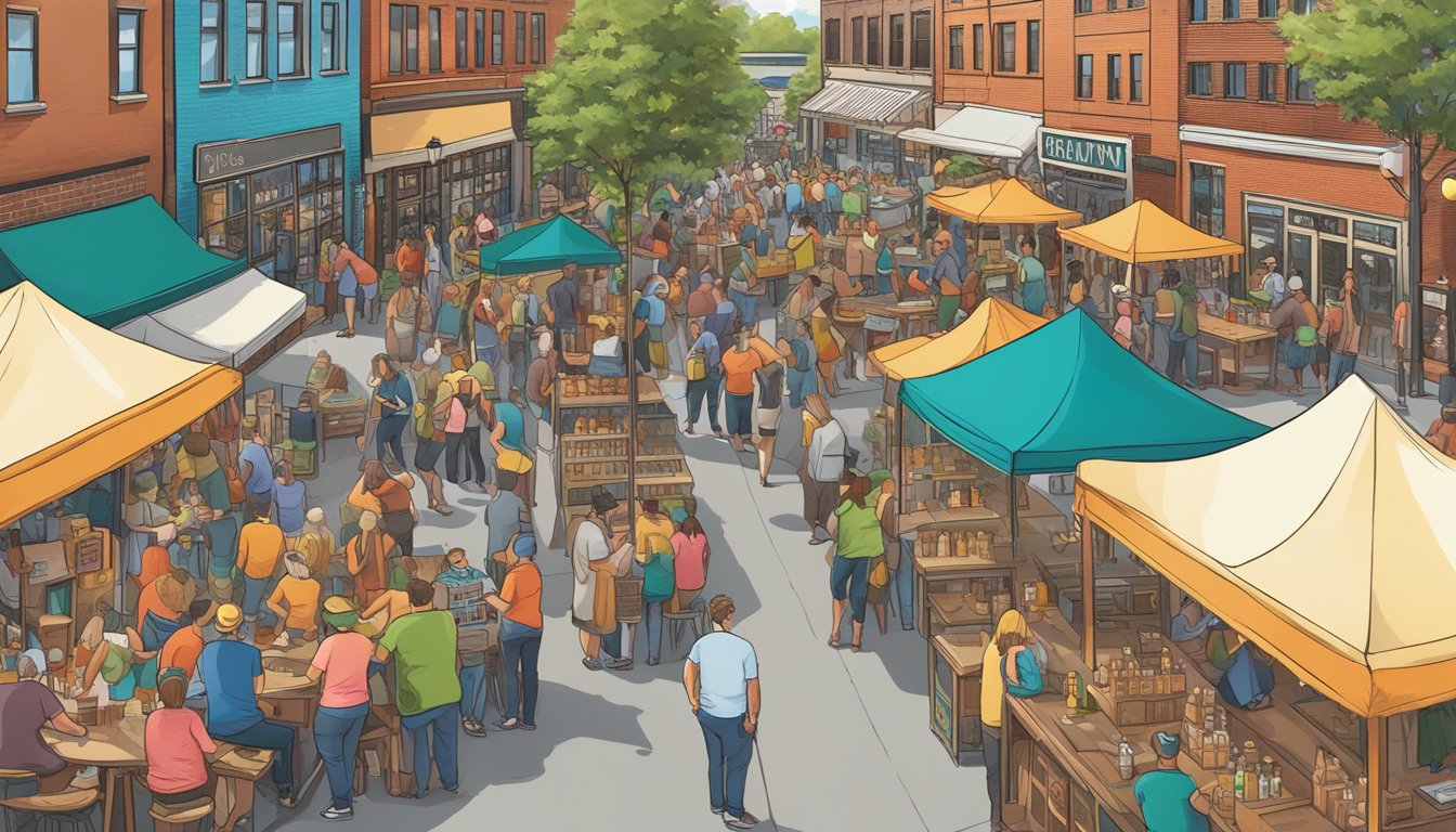 A bustling local craft beer festival in Grand Rapids, MI, with vibrant storefronts and outdoor dining