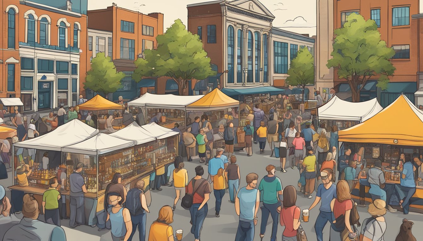 A bustling craft beer festival in Grand Rapids, MI, with people sampling different brews, live music, and food trucks lining the streets