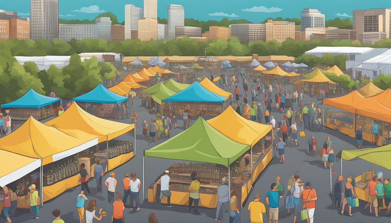 A bustling craft beer festival in Charlotte, NC, with rows of colorful tents and people sampling local brews