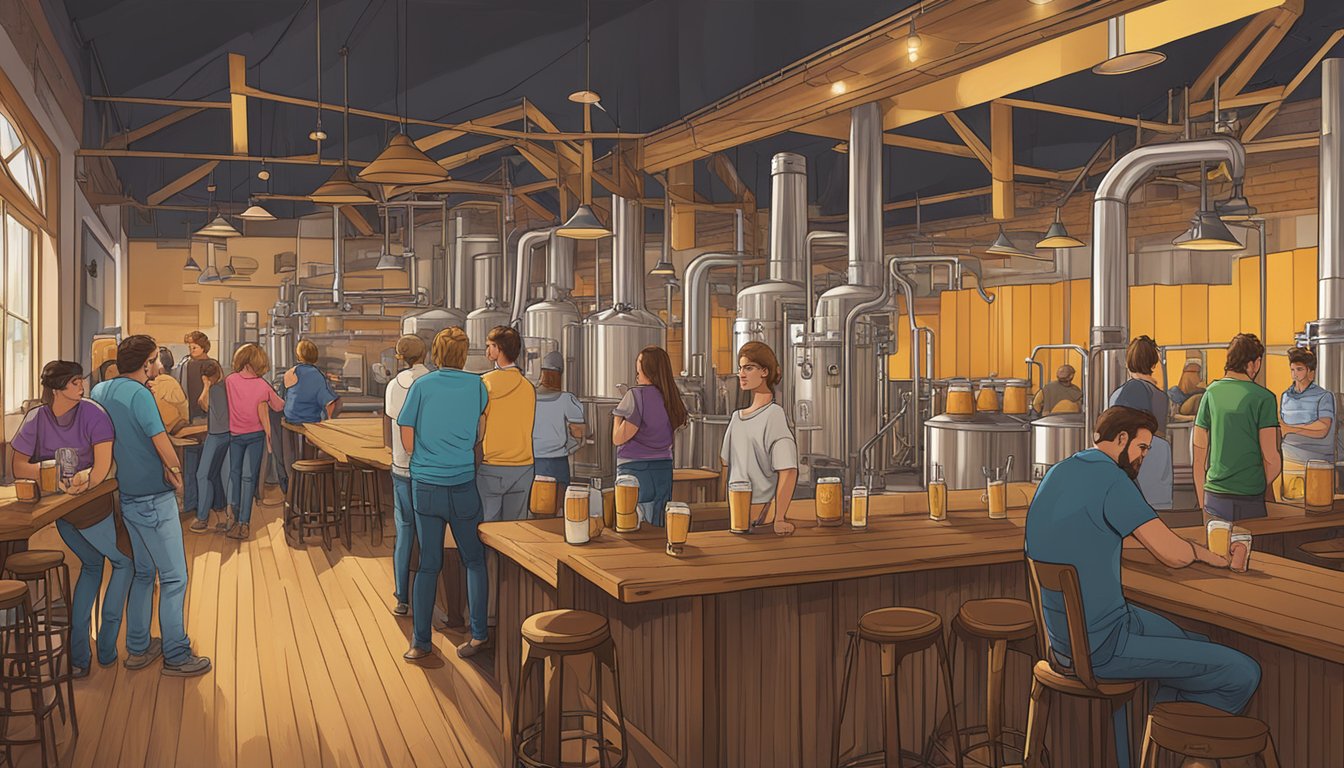 A bustling craft brewery scene in Warren, MI, with patrons enjoying locally brewed beers in a vibrant and inviting atmosphere