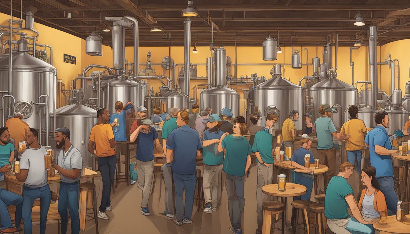 A bustling brewery scene with diverse beer styles, patrons enjoying tastings, and a vibrant atmosphere in Rochester, MN