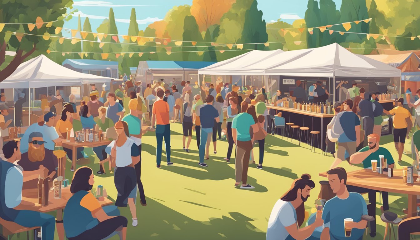 A bustling craft beer festival with various breweries, live music, and food trucks in a vibrant outdoor setting