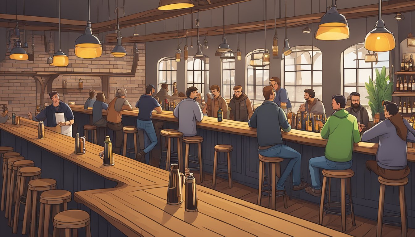 A bustling taproom with a variety of craft beer taps, wooden tables, and cozy lighting. Beer enthusiasts enjoy tasting flights and lively conversation