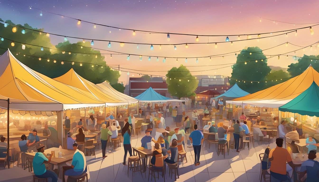 A lively beer garden with colorful tents, string lights, and people enjoying local craft beer in Warren, MI