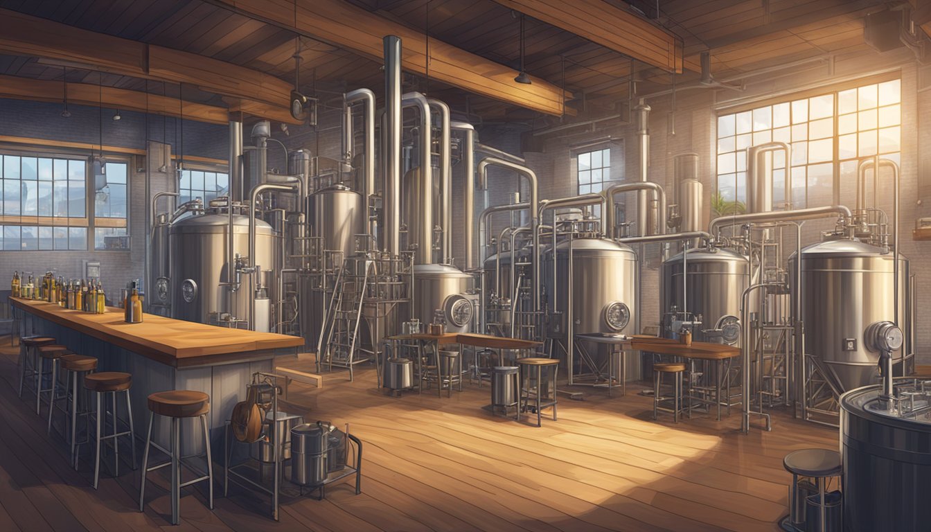 A bustling taproom with a variety of craft beers on tap, surrounded by the industrial equipment of a working brewery