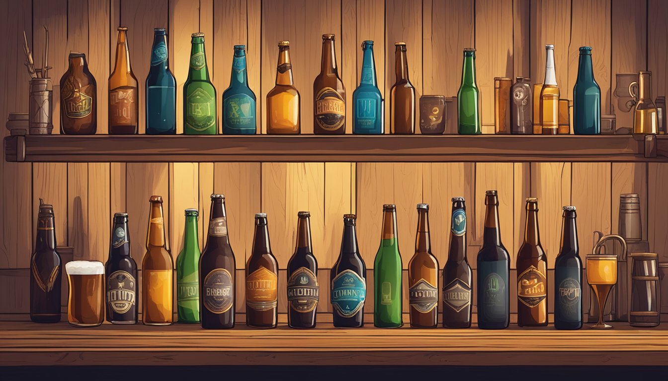 A row of colorful craft beer bottles and glasses on a wooden bar counter, surrounded by rustic decor and dim lighting