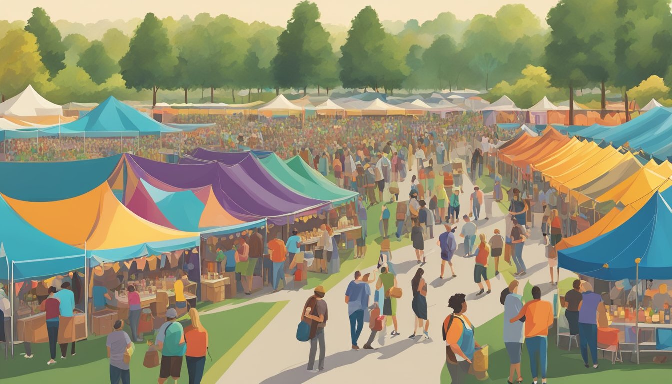 A bustling craft beer festival in Warren, MI, with rows of colorful tents and people sampling various beers