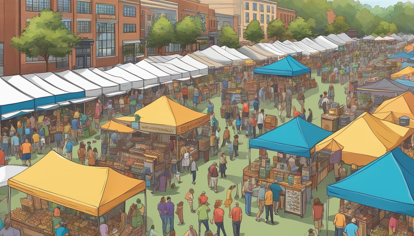 A bustling craft beer festival in Fayetteville, NC, with rows of colorful vendor booths and lively entertainment