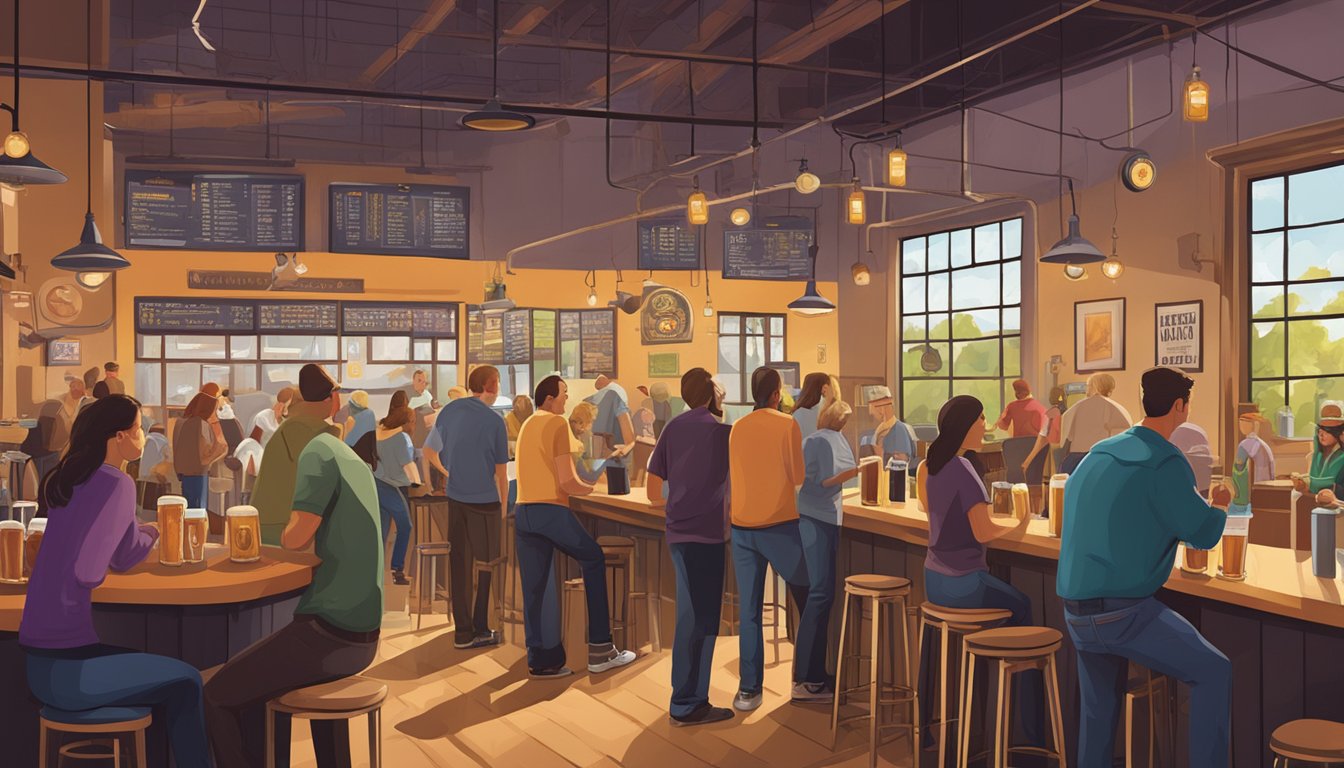 A bustling craft brewery scene in Fayetteville, NC, with patrons enjoying locally brewed beers in a vibrant and inviting atmosphere