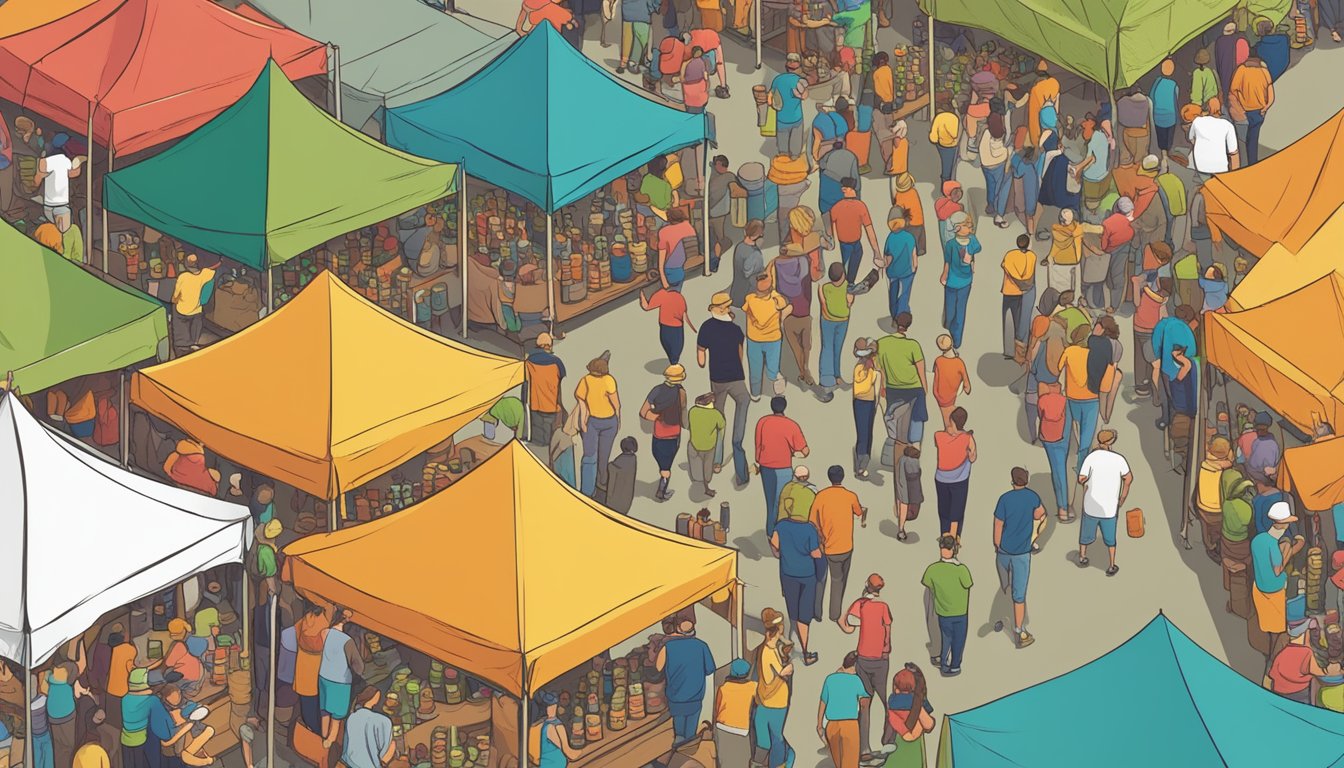 A bustling craft beer festival in Saint Paul, MN, with rows of colorful tents and excited patrons sampling various brews