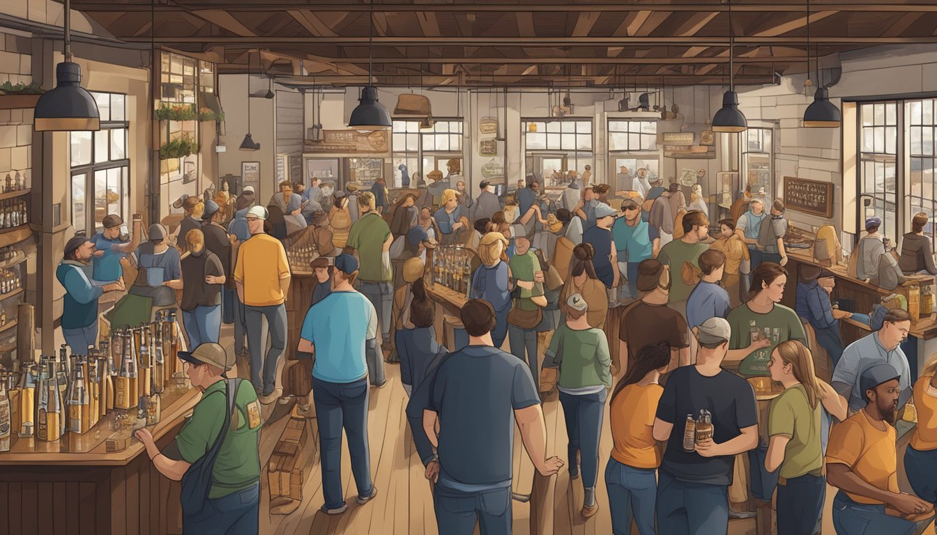 A bustling brewery scene in Saint Paul, Minnesota, with various craft beer brands on display and customers enjoying tastings and socializing